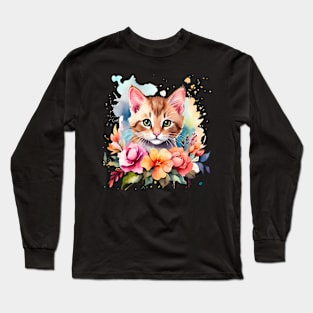 A cat decorated with beautiful watercolor flowers Long Sleeve T-Shirt